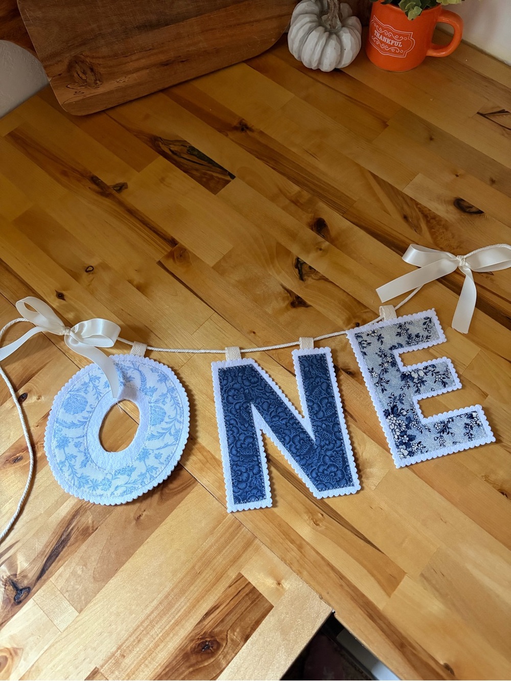 Handmade Keepsake Blue Floral "ONE" First Birthday Banner Garland